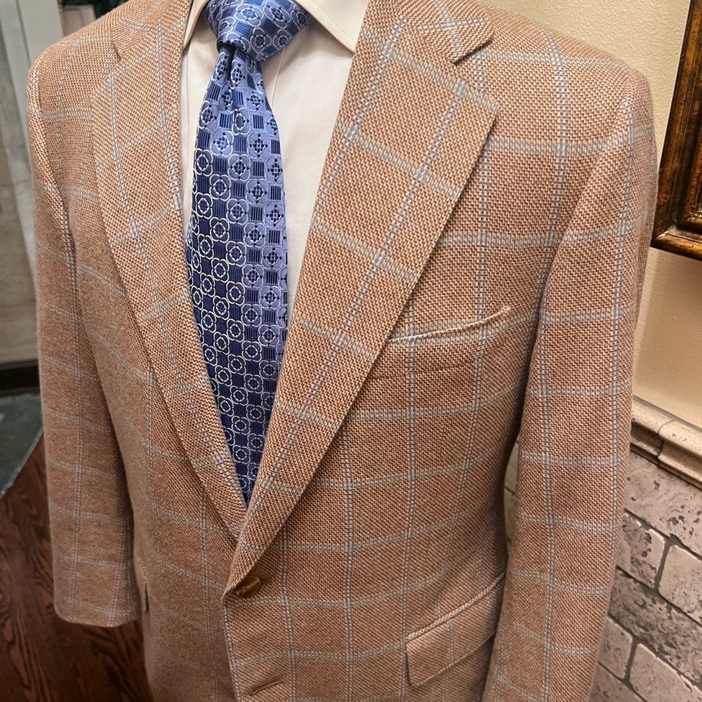 Custom Bespoke 100% Cashmere Windowpane Sport Coat Blazer Jacket Tan Men 42S - Picture 7 of 15